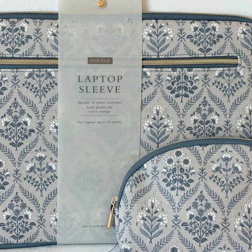 Envogue, Labtop Sleeve Gray and Blue Floral with Multipurpose Pouch Set